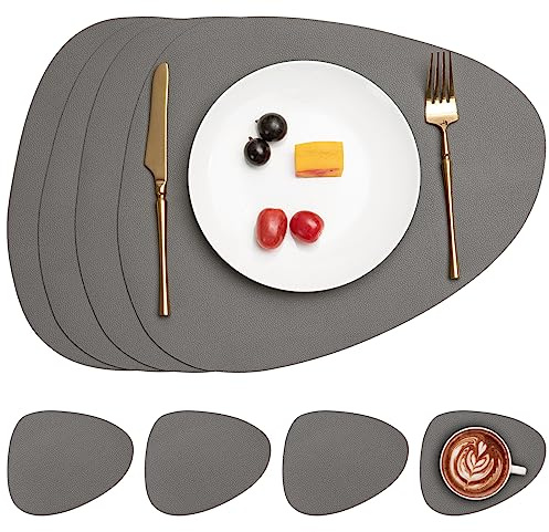 Myir JUN Tischsets abwaschbar doppelseitige Platzdeckchen abwaschbar | 4er Set Platzsets abwaschbar wasserdichte rutschfeste Oval Tischsets aus Kunstleder Untersetzer Teller in Lederoptik