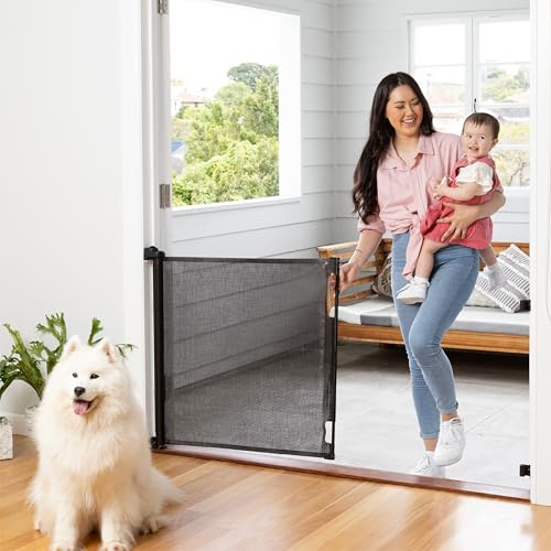 Retractable Baby Gate Perma Child Safety 83.82 cm Tall x 180.34 cm Wide, Mesh, for Stairs, Doorways, Dogs, Pets, Indoor, Outdoor, One-Handed Operation, Locking, Easy Install, Hardware Mount (Black)