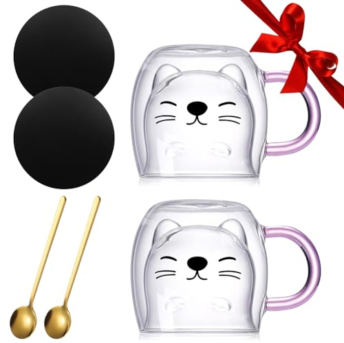 Yuragim Süße Katzen Tasse Kaffeetasse Kawaii Becher Doppelwandige Gläser Katze Teegläser mit Henkel, Espressotasse mit Löffel Untersetzer Geburtstag Geschenk für Frauen Ideen Weihnachten, 2 Set