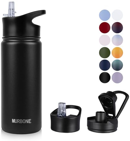 MURBONE Edelstahl Trinkflasche 500ml (+2 Deckel)-mit Strohhalm,BPA frei,Thermosflasche Auslaufsicher,Kohlensäure Geeignet,Thermoskanne Vakuum Doppelwandisolierung für Sport, Reisen, Camping