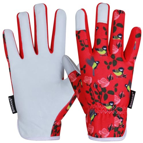SAWANS Trädgårdshandskar i läder dam herr dam Thorn Proof Rigger Garden Safety Working Gloves Multipurpose Breathable Construction Gardening Gifts (Röd, L)