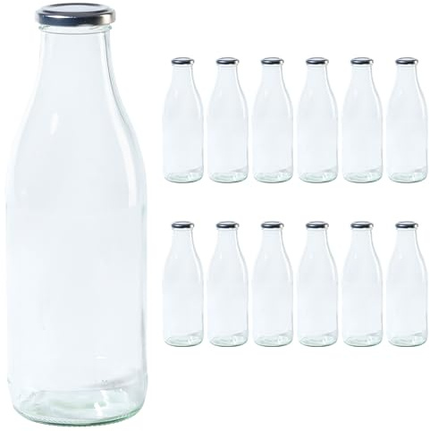 Vitrea 12 leere Glasflaschen 1 Liter Schraubverschluss Silber - Milchflaschen, Saftflaschen, große Flaschen zum Befüllen mit Deckel - für Milch, Saft, Smoothies, Öl - 12 Stück, TO48, Milch