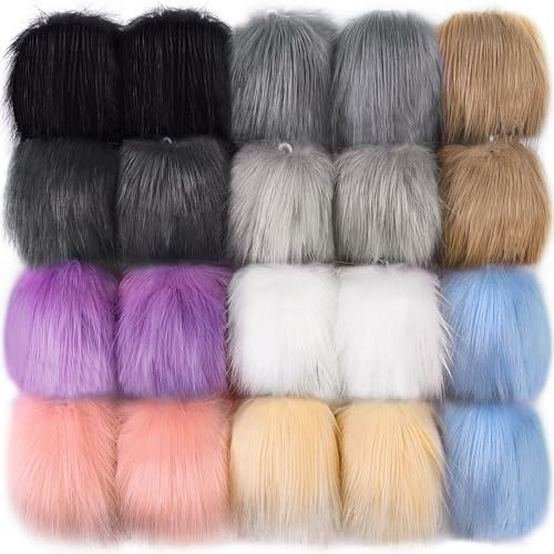 SIQUK 20 Pcs Faux Fur Pom Pom Balls with Elastic Loop for Hats | Faux Fox Fur Fluffy Pom Pom for Keychains Scarves Gloves Bags Accessories (10 Colours, 2 Pcs/Colour)