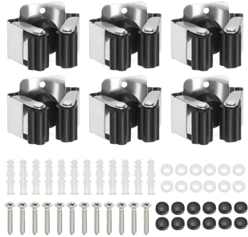 PATIKIL 6Stk Besen und Mopp Halter Mopp Aufhänger Organizer Gestell Schwarz | Garten Gerät, Hänge Klammern, Edelstahl, Wand Montiert, Schwer, mit Schrauben, für Zuhause Garage