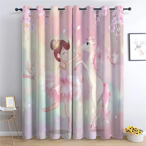 Generisch Verdunklung Svorhänge Schlafzimmer H214 x B183 cm, Traumkunst Einhorn Ballerina Mädchen Thermo Isolierte Vorhänge, Waschbarer Einhorn Polyester Vorhan, Anwendbar Kinderzimmer und Wohnzimmer