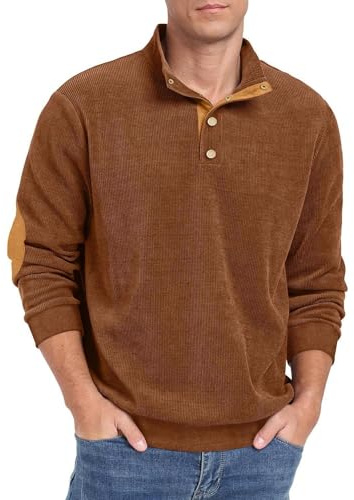 Hisir Sweat-shirts en corduroy pour homme à col Henley avec boutons à pression et col montant à manches longues pour l'hiver, marron, XL