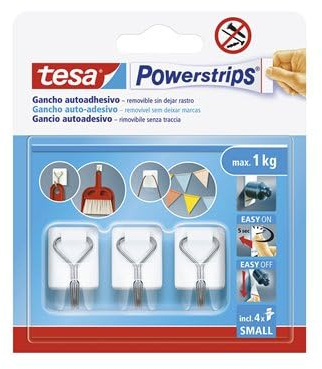 tesa Powerstrips Ganchos Adhesivos Pequeños - Colgadores con Percha de Metal Desmontable - Soporte Reutilizable para Baño o Cocina - Montaje sin Taladrar - Blanco - 3 Ganchos, 4 Powerstrips