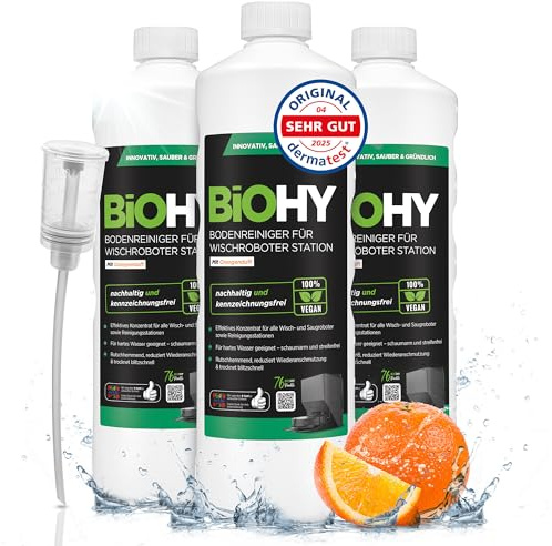 BiOHY Nettoyeur de sol pour robot laveur Station avec parfum orange (3 x 1 litre) + doseur | Nettoyant concentré pour tous les nettoyeurs et robots aspirateurs avec fonction humide | Faible mousse et