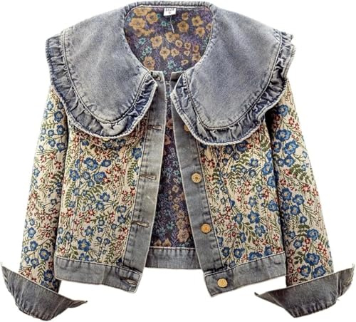 Suncadmious Giacca in denim oversize con colletto a balze da Donna ricamata manica lunga in jacquard casual con bottoni sul davanti (blu,S)