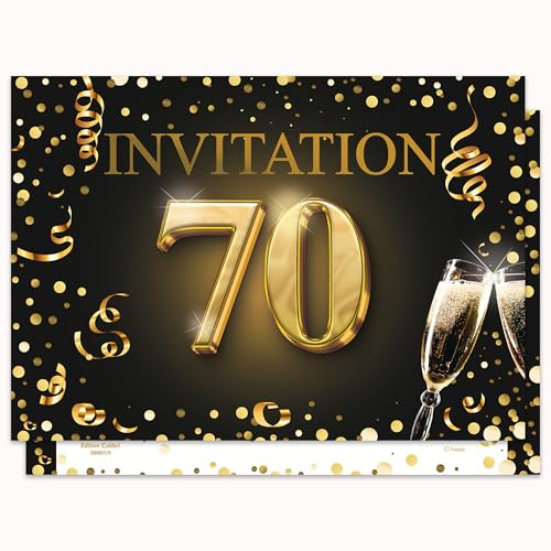 Edition Colibri Einladungskarten zum 70 Geburtstag 10er Set DIN A6 Karten Set zum Ausfüllen, Einladung, Jubiläum, Party, Schwarz, Gold