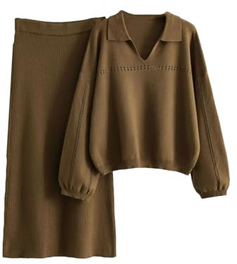 2-teiliges Strickset für Damen, langärmelig, lässig, einfarbig, Pullover, Rock, Anzüge, khaki, S