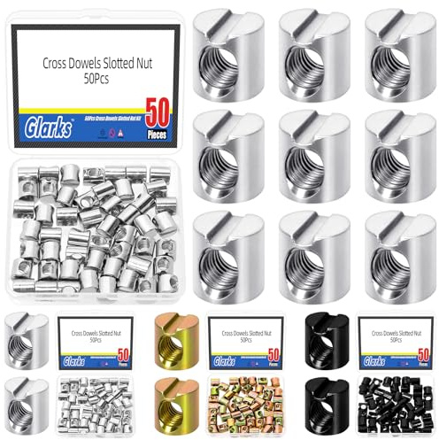 Glarks 50pcs M6 x 10mm Niquel chapado barril cruz Dowels ranura tuerca, tuerca de barril pesada, martillo incrustado tuerca para tornillos de muebles, camas, cuna, sillas, reemplazo de hardware