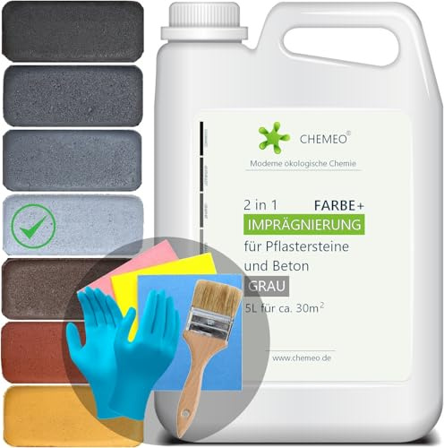 CHEMEO Vernice (+impregnante) per Pavimenti in Cemento e Pietre per Pavimentazione | Resistente al Gelo GRIGGIO 5 litri - per 30m² | Protegge la Superficie per 5 anni | +Pennello, Guanti, Panni