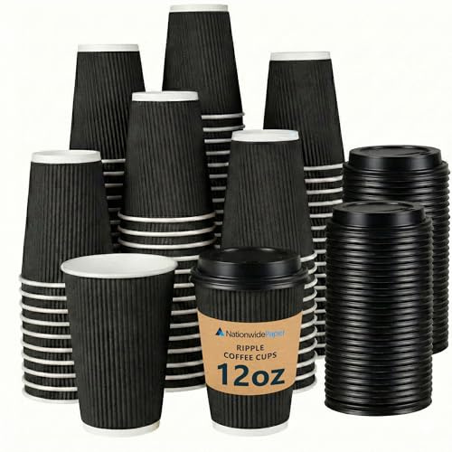 Nationwide Paper Coffee Cups with PS Lids 12oz (355ml) Black Ripple Triple-Wall Insulated Cups for Hot Drinks, Takeaway Coffee, Tea and Espresso, Catering, Office and Events (Pack of 100)
