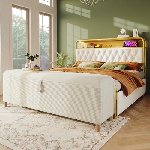 Easexcy 145 x 38 cm Bettbank mit Stauraum, Polsterbank mit Hydraulischem Stauraum, Geeignet für Schlafzimmer, Wohnzimmer und Flur, Beiger Cord-Optik. (145x38cm)