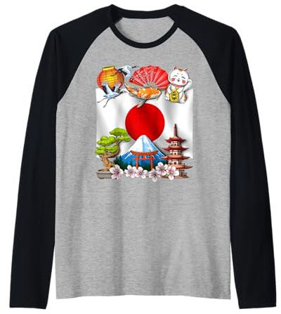 Giappone Bandiera Giapponese Fiore di ciliegio Sakura Monte Maglia con Maniche Raglan