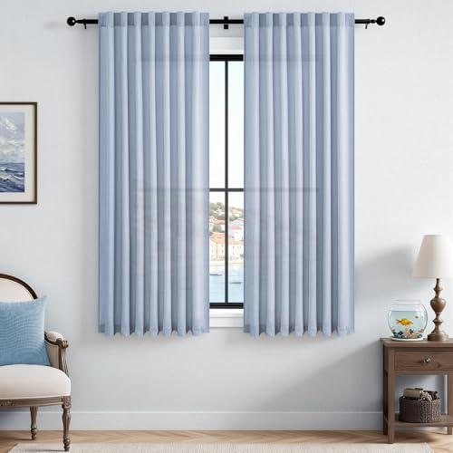 CUTEWIND Vorhänge Blau Leinenoptik Halbtransparent 2er Set Gardinen Schlafzimmer H 145 x B 140 cm, Vorhang Blau Leinen Wohnzimmer Modern Curtains for Bedroom, mit verdeckten Schlaufen