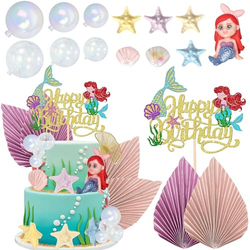 17 Stück Meerjungfrau Kuchendekorationen Glitzer Happy Birthday Cake Topper Kugel Fächer Tortendeko Seetang Muscheln Seesterne Kuchen Deko für Seejungfrau Thema Geburtstag Party Kuchen Dekorationen
