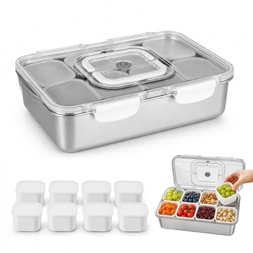HOSPAOP Snackbox mit Fächern und Deckel – Snackteller mit 8 Fächern aus Edelstahl, Auslaufsichere Snackdose Snackschale, Snacktablett Organizer für Obst, Süßigkeiten, Meal Prep, Picknick
