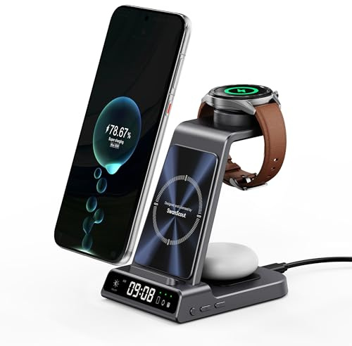 Chargeur Induction 3 en 1 pour Huawei Watch, téléphone, écouteurs | pour Huawei Watch GT 6/GT 6 Pro/GT 5/GT 4/5, Horloge LED variable, protection multiple, indicateur de charge, SwanScout C01HW
