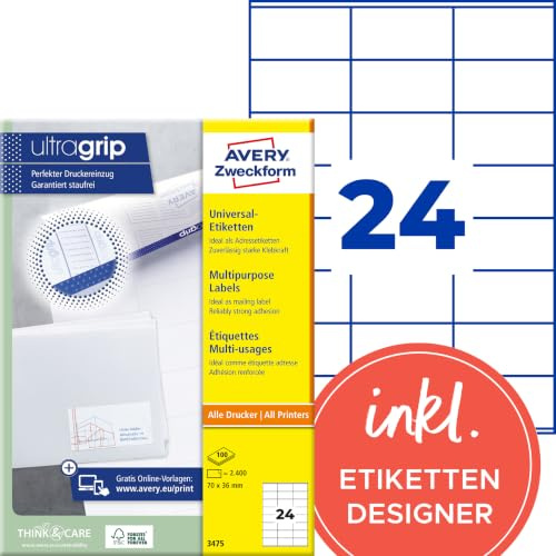 AVERY Zweckform 3475 Adressaufkleber (2.400 Klebeetiketten, 70x36mm auf A4, Papier matt, bedruckbare Absenderetiketten, selbstklebende Adressetiketten mit ultragrip) 100 Blatt, weiß