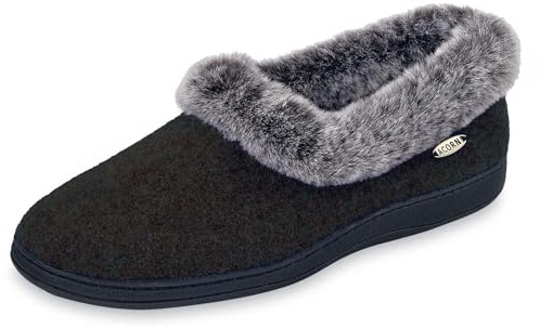 Acorn womens Chinchilla Collar slippers, Black, 8 9 US