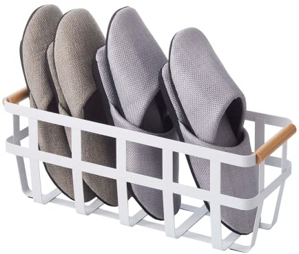 YAMAZAKI 2837 Storage Basket-Home Organizer Bin Holder With Wooden Handle Tosca Slim Aufbewahrungskorb, Weiß, Stahl, Holz