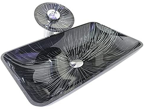 HomeLava Modern Waschbecken Glas Eckig Aufsatz Waschschale mit Wasserfall Wasserhahn Set