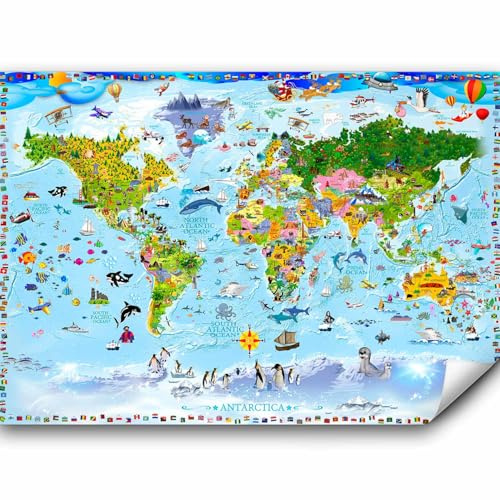 murando - Fototapete Vlies Weltkarte Kinder, 150x105 cm, Schlafzimmer | Full HD Druck, 3D-Effekt, lichtbeständige Farben, ideal fürs Wohn- oder Schlafzimmer, schnelle Montage, lichtbeständig, edel