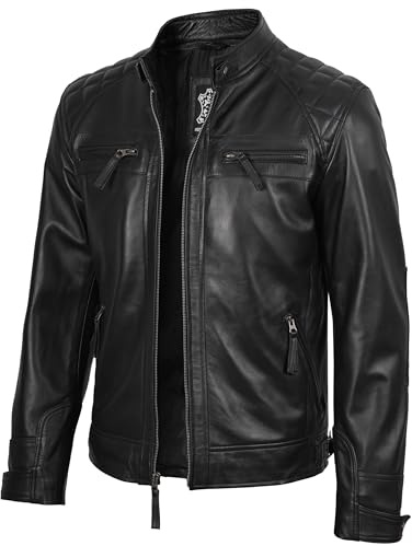 fjackets Real Lambskin Leather Biker Jacket — Quilted Cafe Racer Zip Up Moto Leather Motorcycle Jacket | [1100093] Johnson Black, M