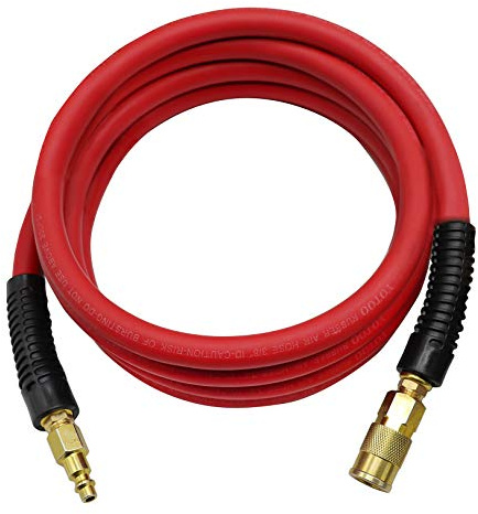 YOTOO Rubber Lead-in Air Hose 3/8-Inch by 10-Feet 300 PSI Heavy Duty, Kink Resistant, All-Weather Flexibility with 1/4-Inch Brass Male Fittings, Bend Restrictors, Red