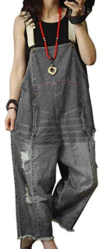 YESNO Women Loose Fit Denim Dungarees Casual Printed Baggy Jumpsuit Distressed Long Wide Leg Overalls Jeans Pants Trousers P60UK