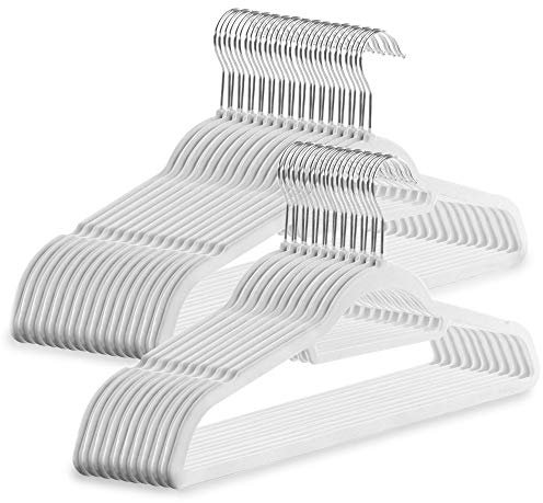 Velvet Coat Hangers - Pack of 50 White | with Tie Hanger | NonSlip Design | Jackets & Trousers | Flocked Slimline | Space Saving Clothes Organisers | M&W