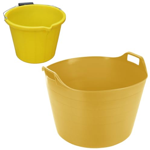 Set of 2-Strong Plastic Builders Bucket 3 Gallon Water Storage Bucket Handle With 75 Litre Heavy Duty Large Garden Home Flexible Storage Container Bucket Polyethylene Flexi Tub (Yellow)