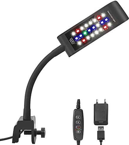 BELLALICHT LED Aquarium klemmlampe mit Timer, Clip Beleuchtung Vollspektrum [RGB + Weiß Licht] 10 Helligkeitsstufen Dimmbar, Klemmleuchte Aquariumlampe für 20-30CM Fisch Tank, Schwarz