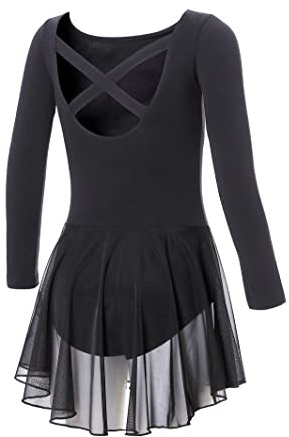 DIPUG Ballet Leotards for Girls Dance Leotard Long Sleeve Girls Dance Dress Criss-Cross Back Black 10 11 12 XL