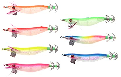 Be In Your Mind 7 Stück Leuchtende Angelköder Kunstköder aus Kunststoff Tintenfisch Kraken Garnelenköder Garnelenhaken Köder Angelausrüstung für Süß- und Salzwasser