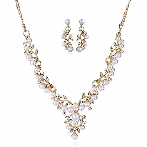 Braut Kristall Halskette Ohrringe Satz Hochzeit Perlen Anhänger Halskette Blumen Braut Schmuck für Frauen Mädchen Brautjungfern (Gold)