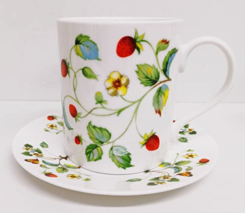 Strawberries & Butterflies Large Mug & Saucer Set Fine Bone China 14 fl oz 400 ml Exclusive Cup and Matching Plate Set