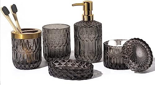 EMPO Set di 6 Accessori in Vetro Trasparente per il Bagno (Dispenser per Sapone per Lozione, Portasapone, Porta Spazzolino da Denti, Bicchiere, Barattolo di Cotone), Regalo Vintage (Grigio)