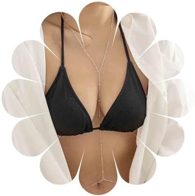 Inilbran Boho Perlen Crossover Körperkette Vintage Silber Bikini Harness Kette Halskette Perlen BH Körperketten Silber Taille Bauch Körperkette Vintage Crossover Bikini Kette Körperschmuck für Frauen