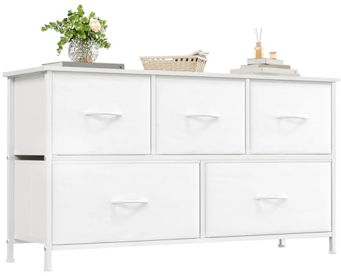 Somdot Kommode mit Schubladen, Stoffkommode, Kommode für Schlafzimmer Wohnzimmer Flur, Komodenschrank Schubladenschrank Aufbewahrungsschrank, 5 Stoffschubladen, Weiß