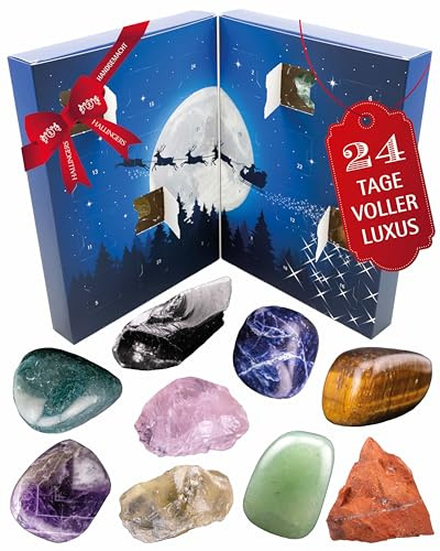 Hallingers Genuss Manufaktur Edelsteine Adventskalender - 24 echte Edelsteine geschliffen & naturrau im wertigen Softfeel-Karton Mondschein, Weihnachtskalender für Frauen Männer
