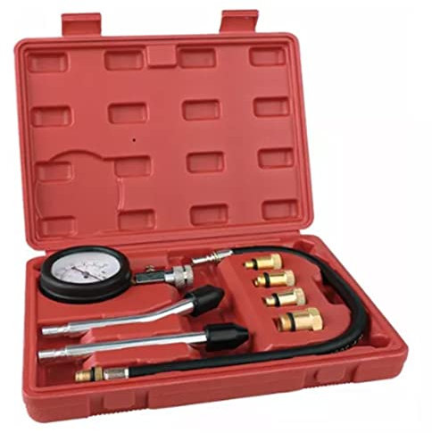 WOOXGEHM Kompressions Benzinmotor Kit, 9 teiliger Dichtigkeits Kompressionstest für Kfz Motorzylinder, Genaues Doppelskalenmessgerät 0–300 PSi, 4 Adapter, Montagesatz