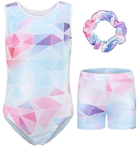 FEOYA Kinder Mädchen Ärmellose Gymnastikanzug Bodysuit Top Shorts Haar Band Set Gradient Bunte Ballett Tanz Gymnastik Athletische Tanzbekleidung 3Pcs Tanz Outfits F 9-10 Jahre