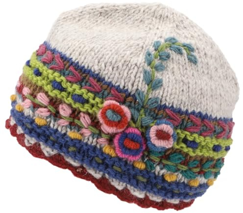 GURU SHOP Farbenfrohe Wollmütze mit aufwendiger Blumenstickerei, Unisex | Handgestrickt aus Schafwolle, kuscheliges Fleecefutter, schützt vor Kälte, ideale Passform für Kopfumfang 56-60 cm.