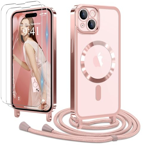 Ethanger Magnetica Cover con Cordino per iPhone 15 Plus Custodia con 2 Vetro Temperato, Trasparente Ultra Sottile Antiurto Silicone Protettiva Cover con Laccio per iPhone 15 Plus Rosa