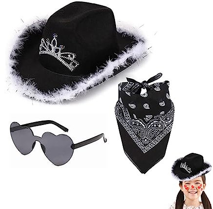 Imtrub Cowboy Hut Damen Rosa | Cowgirl Hut Pink Weiß | Cowboy Hut Damen Rosa Glitzer | Filz-Cowgirl-Hut Mit Feder-Bandana | Karneval Hut Herzbrille Kostümzubehör Partyhut Partybrille Accessoires
