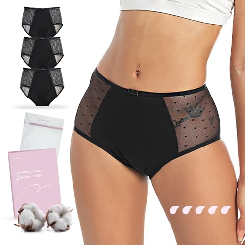 JANICE 3 Culottes Menstruelles Coton Bio = 6 tampons Absorbant Flux Abondant, sous-Vêtement Règles Incontinence Lavable Périodique