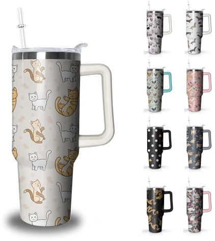 Xchearser Cat Tumbler with Handle and Straw, 40 oz Stainless Steel Insulated Cup with Lid and Straw,Travel Coffee Mug Water Bottle, Birthday Christmas Mothers Day Gifts for Animal Lovers Women